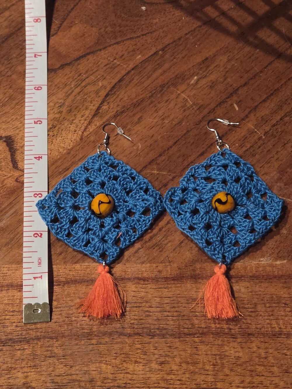 Hand Crafted Blue Crochet Diamond Earrings with Orange Tassel - Picture 3 of 3